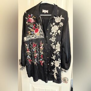 Johnny Was Black Shirt with embroidery and copper threads